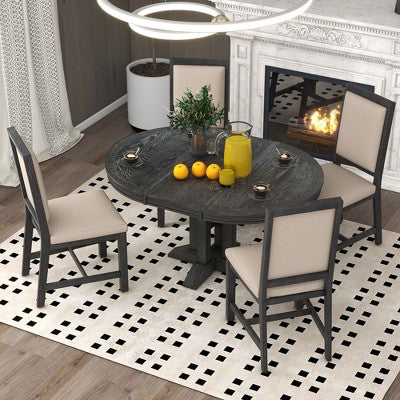 Farmhouse 5 Piece Kitchen Dining Set for 4, Solid Wood Extendable Round Dining Table Set and 4 Upholstered Chairs for Kitchen