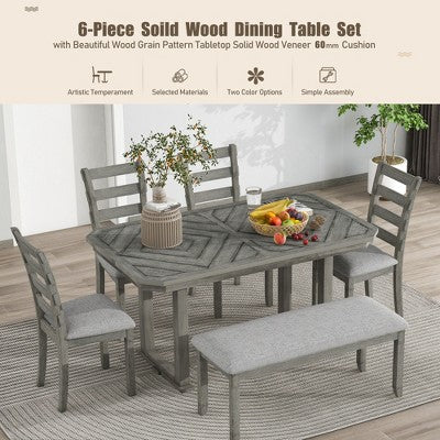 6 PCS Rubber Wood Dining Table Set with Beautiful Wood Grain Veneer Tabletop and Soft Cushion-ModernLuxe