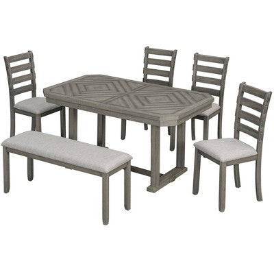6 PCS Rubber Wood Dining Table Set with Beautiful Wood Grain Veneer Tabletop and Soft Cushion-ModernLuxe