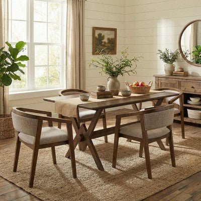 Christopher Knight Home Simon 5 Piece Mid-Century Modern Rubberwood Dining Set with Boucle Upholstered Chairs