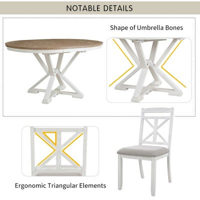 Farmhouse Extendable Round Dining Set for 4, Kitchen Dining Table Set with 4 Upholstered Dining Chairs for Dining Room