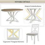 Farmhouse Extendable Round Dining Set for 4, Kitchen Dining Table Set with 4 Upholstered Dining Chairs for Dining Room