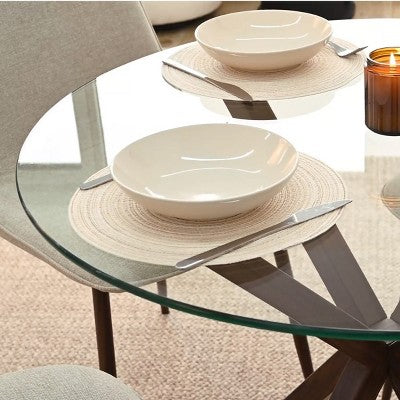 Olive+Oslo 5-Piece Dining Table Set for 4, Round Glass Dining Table with 4 Upholstered Dining Chairs Walnut Legs-Panipeachy