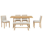 ModernLuxe 6-Piece Rustic Farmhouse Dining Set, Oak Veneer Dining Table with Trapezoid Legs, 4 Linen Upholstered Chairs+1 Bench