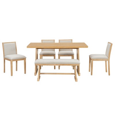 ModernLuxe 6-Piece Rustic Farmhouse Dining Set, Oak Veneer Dining Table with Trapezoid Legs, 4 Linen Upholstered Chairs+1 Bench