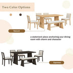 ModernLuxe 6-Piece Rustic Farmhouse Dining Set, Oak Veneer Dining Table with Trapezoid Legs, 4 Linen Upholstered Chairs+1 Bench