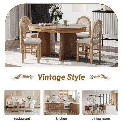 Rattan Round Dining Table Set for 4, Extendable Dining Set with 4 Upholstered Chairs, Kitchen Table and Chairs Set for Small Space, Natural Wood Wash