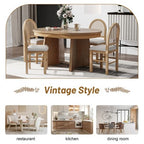 Rattan Round Dining Table Set for 4, Extendable Dining Set with 4 Upholstered Chairs, Kitchen Table and Chairs Set for Small Space, Natural Wood Wash