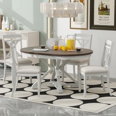 Farmhouse Extendable Round Dining Set for 4, Kitchen Dining Table Set with 4 Upholstered Dining Chairs for Dining Room