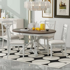 Farmhouse Extendable Round Dining Set for 4, Kitchen Dining Table Set with 4 Upholstered Dining Chairs for Dining Room