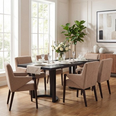 Christopher Knight Home Harish Modern 7 Piece Rubberwood Linen Upholstered Dining Set with Rectangular Table