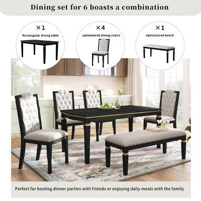 Retro 6 Pieces Kitchen Dining Table Set, Rectangular Table and 4 High-Back Tufted Chairs & Bench, Wood Dining Room Table Set for 6