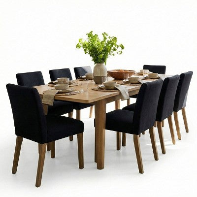 Expandable Dining Table Set for 8, Rectangular Table with Removable Leaves and Armless Linen Chairs, Featuring Solid Wood Legs-Panipeachy