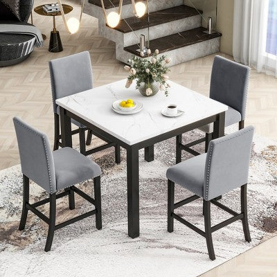 GDFStudio Danielle Modern 5 Piece Rubberwood Counter Height Dining Table Set with Velvet Upholstered Chairs
