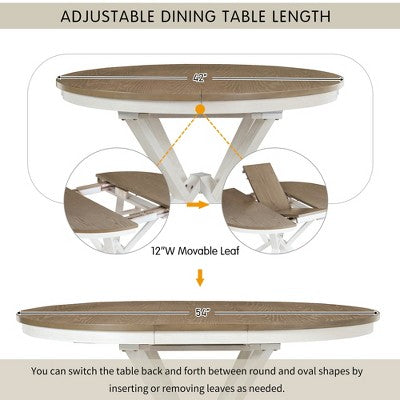 Farmhouse Extendable Round Dining Set for 4, Kitchen Dining Table Set with 4 Upholstered Dining Chairs for Dining Room