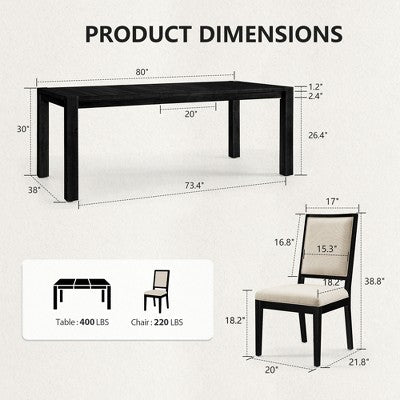 Modern Dining Set - 80 Table + 6 Cushioned Chairs, Solid Wood Frame, 400lbs Table Capacity, Easy Assembly