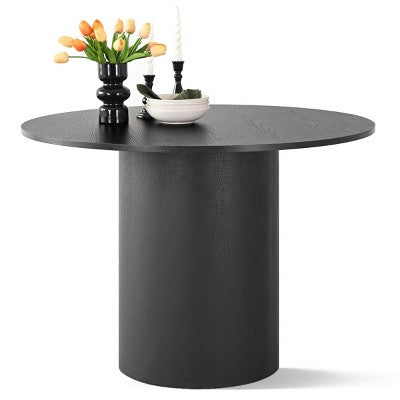 5-Piece Dining Table Set for 4, Modern Barrel Chair with Wheels and Chenille Upholstery, Black Round Pedestal Table-Panipeachy