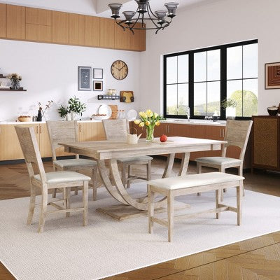 GDFStudio Timo 6 Piece Rubbewood Dinnig Set with Half Round Dining Table, Bench and 4 Chairs