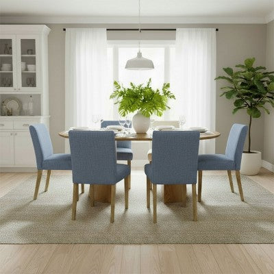 47-83 Extendable Dining Table Set for 6, Natural Wood-Tone Table and 6 Linen Armless Chairs with Solid Wood Legs for Dining Room-Panipeachy