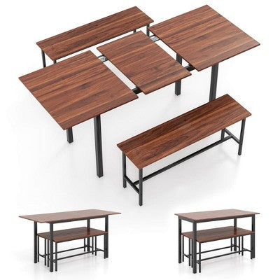 Costway 3 Piece Dining Table Set for 4-6 63Kitchen Table with 2 Benches Metal Frame Black/Walnut