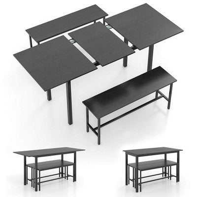 Costway 3 Piece Dining Table Set for 4-6 63Kitchen Table with 2 Benches Metal Frame Black/Walnut