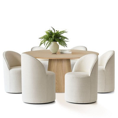 Round Dining Table Set For 6, Upholstered Barrel Dining Chairs With Castors, Linen Blend Fabric, Curved Back Support - Panipeachy