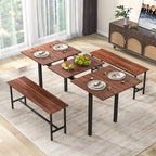 Costway 3 Piece Dining Table Set for 4-6 63Kitchen Table with 2 Benches Metal Frame Black/Walnut