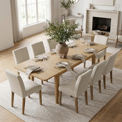 Expandable Dining Table Set for 8, Rectangular Table with Removable Leaves and Armless Linen Chairs, Featuring Solid Wood Legs-Panipeachy