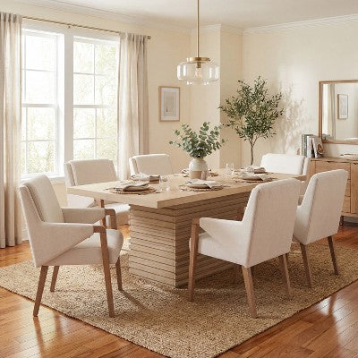 Christopher Knight Home Lindiwe Modern 7 Piece Rubberwood Linen Upholstered Dining Set with Rectangular Table