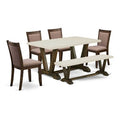 HomeStock 6-Piece Rectangle Distressed Jacobean Finish Solid Wood Top Dining Table with 1-Bench, 4-Chairs
