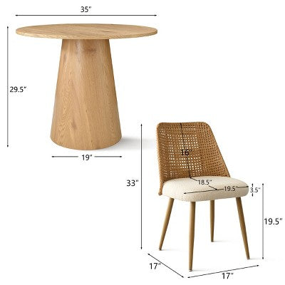 Round Dining Table Set for 2, Modern 35 Pedestal Table and Upholstered Dining Chairs with Rattan Backs, Perfect for Small Space Dining-Panipeachy