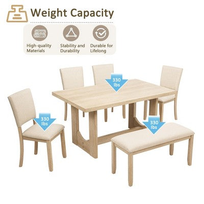 GDFStudio Kiley Modern 6 Piece Wooden Dining Table Set with Bench and Four Upholstered Chairs