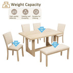 GDFStudio Kiley Modern 6 Piece Wooden Dining Table Set with Bench and Four Upholstered Chairs