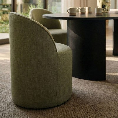 Dining Table Set for 6, Oval 79 Table and Linen Fabric Upholstered Barrel Chairs with Casters, for the Dining Room-Panipeachy