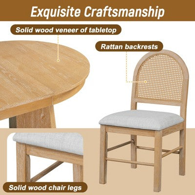 Rattan Round Dining Table Set for 4, Extendable Dining Set with 4 Upholstered Chairs, Kitchen Table and Chairs Set for Small Space, Natural Wood Wash