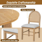 Rattan Round Dining Table Set for 4, Extendable Dining Set with 4 Upholstered Chairs, Kitchen Table and Chairs Set for Small Space, Natural Wood Wash