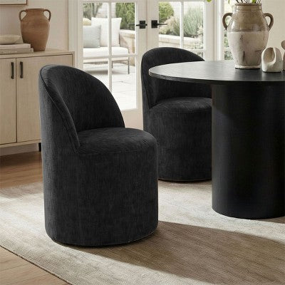 5-Piece Dining Table Set for 4, Modern Barrel Chair with Wheels and Chenille Upholstery, Black Round Pedestal Table-Panipeachy