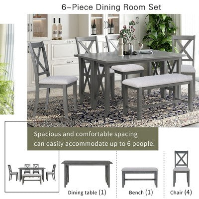6 Piece Extendable Dining Table Set Dining Set Small Dinette Kitchen Table Set with Foldable Table, 4 Upholstered Chairs, Bench, Gray/Espresso-HABITRI