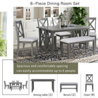 6 Piece Extendable Dining Table Set Dining Set Small Dinette Kitchen Table Set with Foldable Table, 4 Upholstered Chairs, Bench, Gray/Espresso-HABITRI