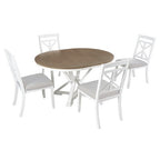 Farmhouse Extendable Round Dining Set for 4, Kitchen Dining Table Set with 4 Upholstered Dining Chairs for Dining Room
