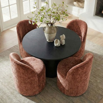 5-Piece Dining Table Set for 4, Modern Barrel Chair with Wheels and Chenille Upholstery, Black Round Pedestal Table-Panipeachy