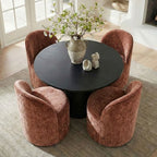 5-Piece Dining Table Set for 4, Modern Barrel Chair with Wheels and Chenille Upholstery, Black Round Pedestal Table-Panipeachy