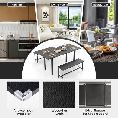 Costway 3 Piece Dining Table Set for 4-6 63Kitchen Table with 2 Benches Metal Frame Black/Walnut