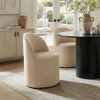 5-Piece Dining Table Set for 4, Modern Barrel Chair with Wheels and Chenille Upholstery, Black Round Pedestal Table-Panipeachy