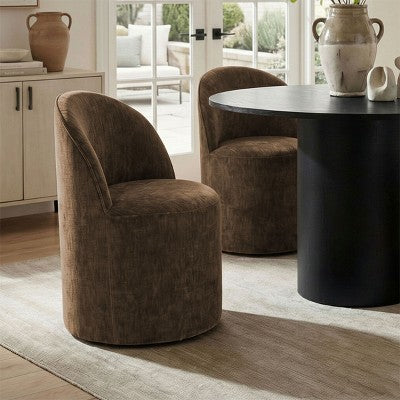 5-Piece Dining Table Set for 4, Modern Barrel Chair with Wheels and Chenille Upholstery, Black Round Pedestal Table-Panipeachy