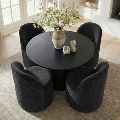 5-Piece Dining Table Set for 4, Modern Barrel Chair with Wheels and Chenille Upholstery, Black Round Pedestal Table-Panipeachy