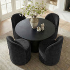5-Piece Dining Table Set for 4, Modern Barrel Chair with Wheels and Chenille Upholstery, Black Round Pedestal Table-Panipeachy