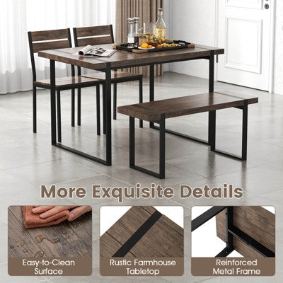 Costway 47 Dining Table Set for 4, Wooden Kitchen Table with 2 Chairs & Bench, Metal Frame