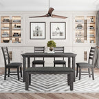 6-Piece Farmhouse Dining Table Set Dining Set with Rustic Dining Table, 4 High-back Dining Chairs and Bench, Natural Wood Wash/Gray-ModernLuxe