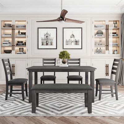 6-Piece Farmhouse Dining Table Set Dining Set with Rustic Dining Table, 4 High-back Dining Chairs and Bench, Natural Wood Wash/Gray-ModernLuxe
